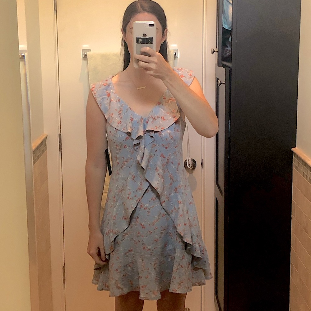 Light Blue Floral Print Ruffled Dress